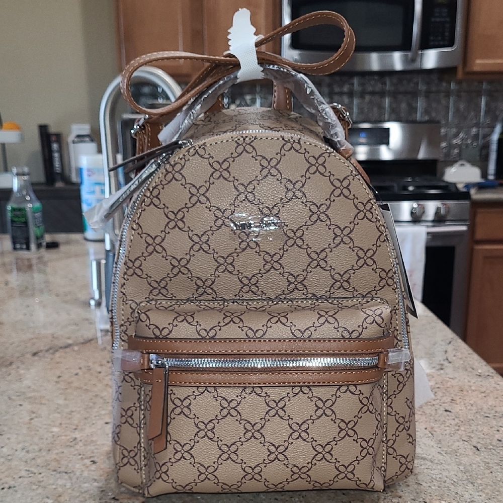 Brown Geometric Backpack with Silver Accents